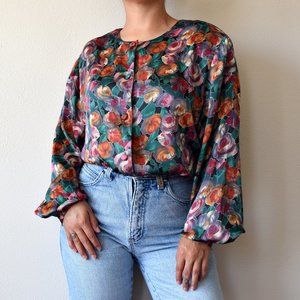 vintage 80s bright colorful floral print satin blouse size 12